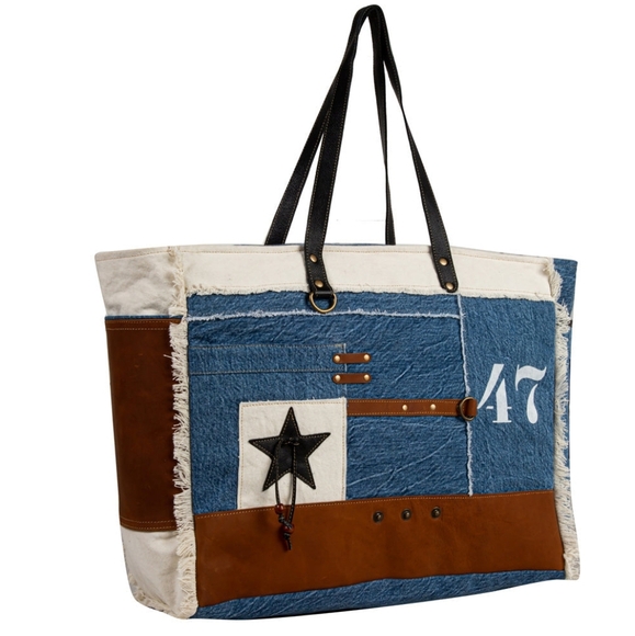MYRA DENIM & LEATHER Brown Blue & White Sustainable SHOULDER HANDBAG, MSRP $88